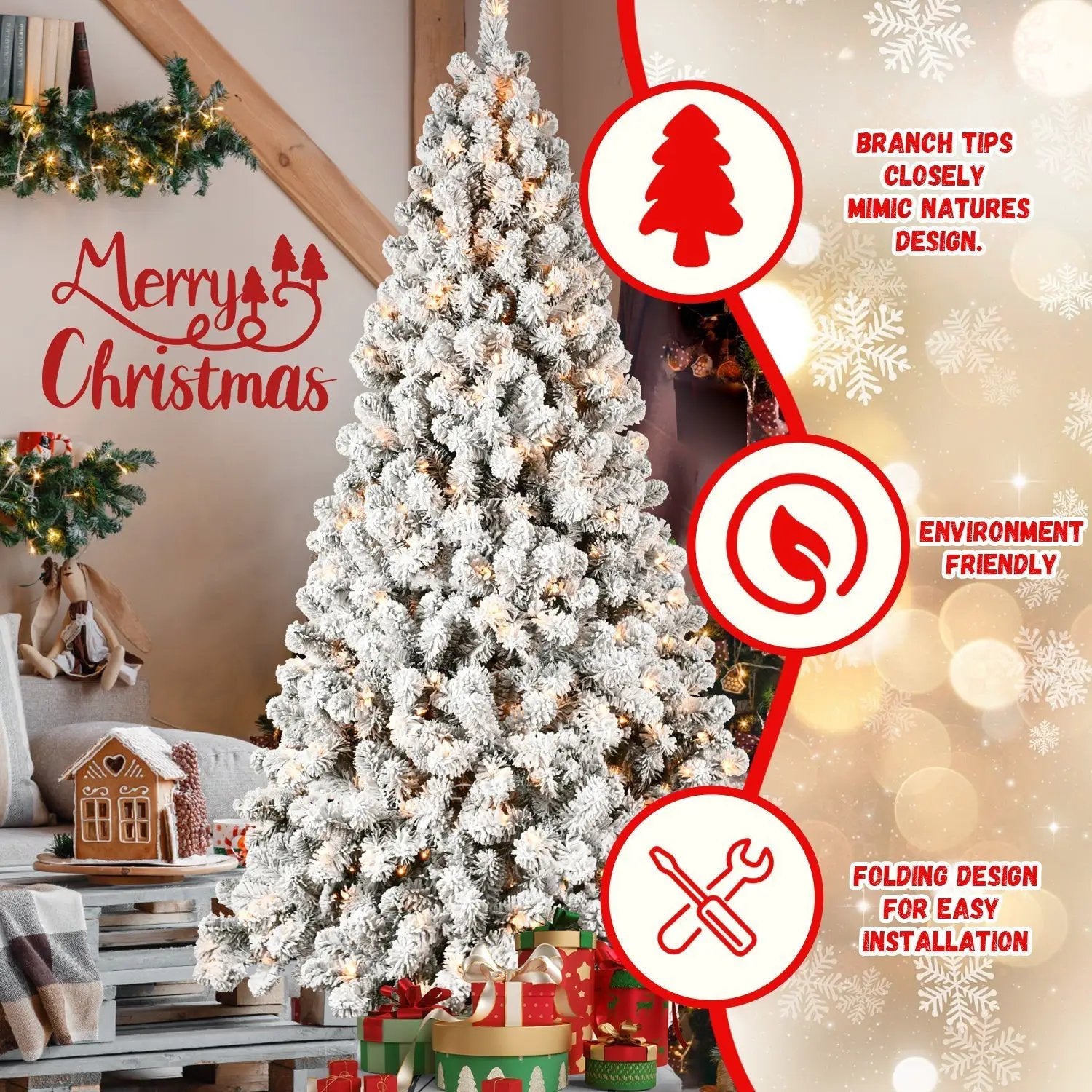 9-Foot Pre-Lit Snow-Flocked Christmas Tree by HouseOfZazla
