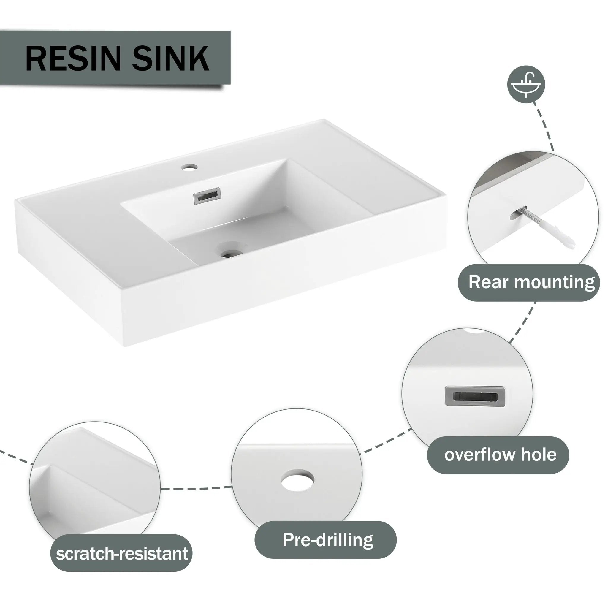 Modern Imitative Wall Mounted Bathroom Vanity With Resin Sink & 2 Side Cabinet, Soft Close Drawer - Imitative Oak by Unique Piece Furniture
