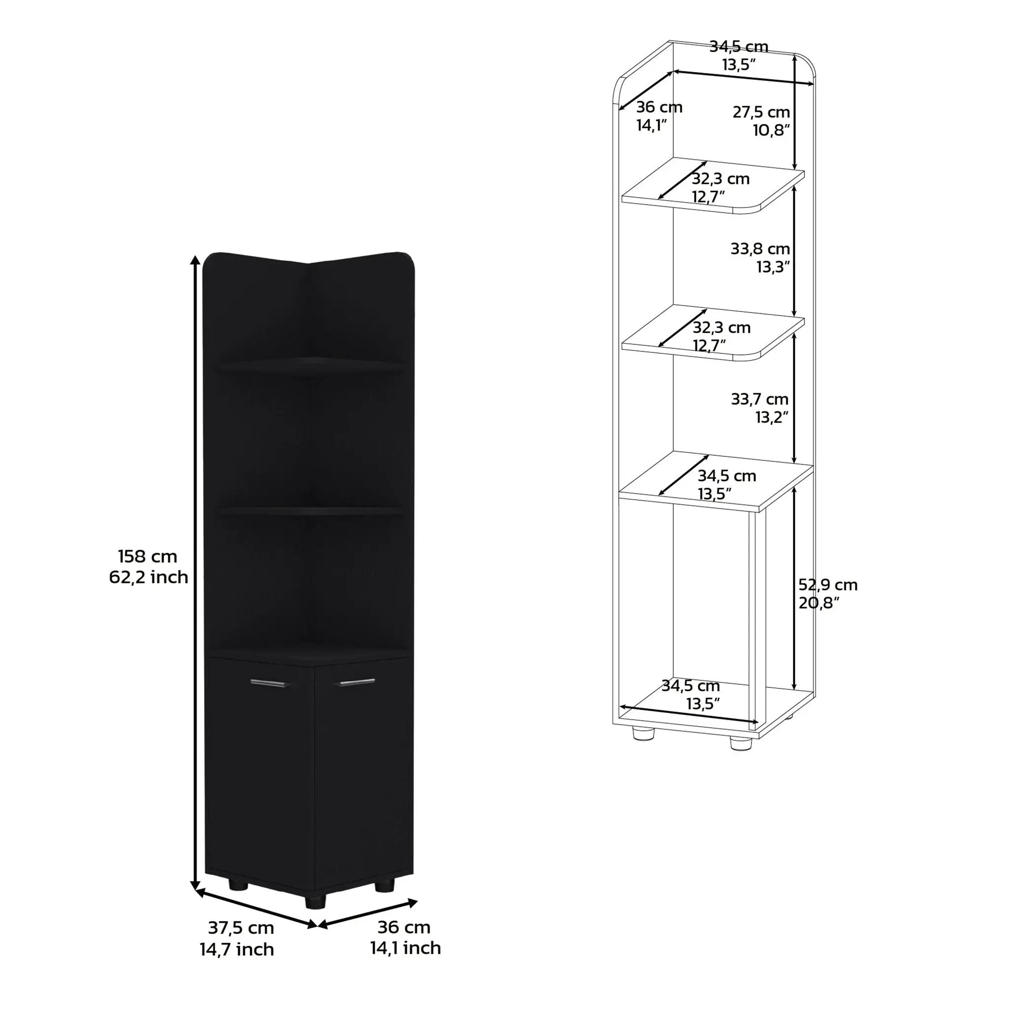 Corner Cabinet Tall With 3 Tier Shelf And 2 Door - Black by Unique Piece Furniture