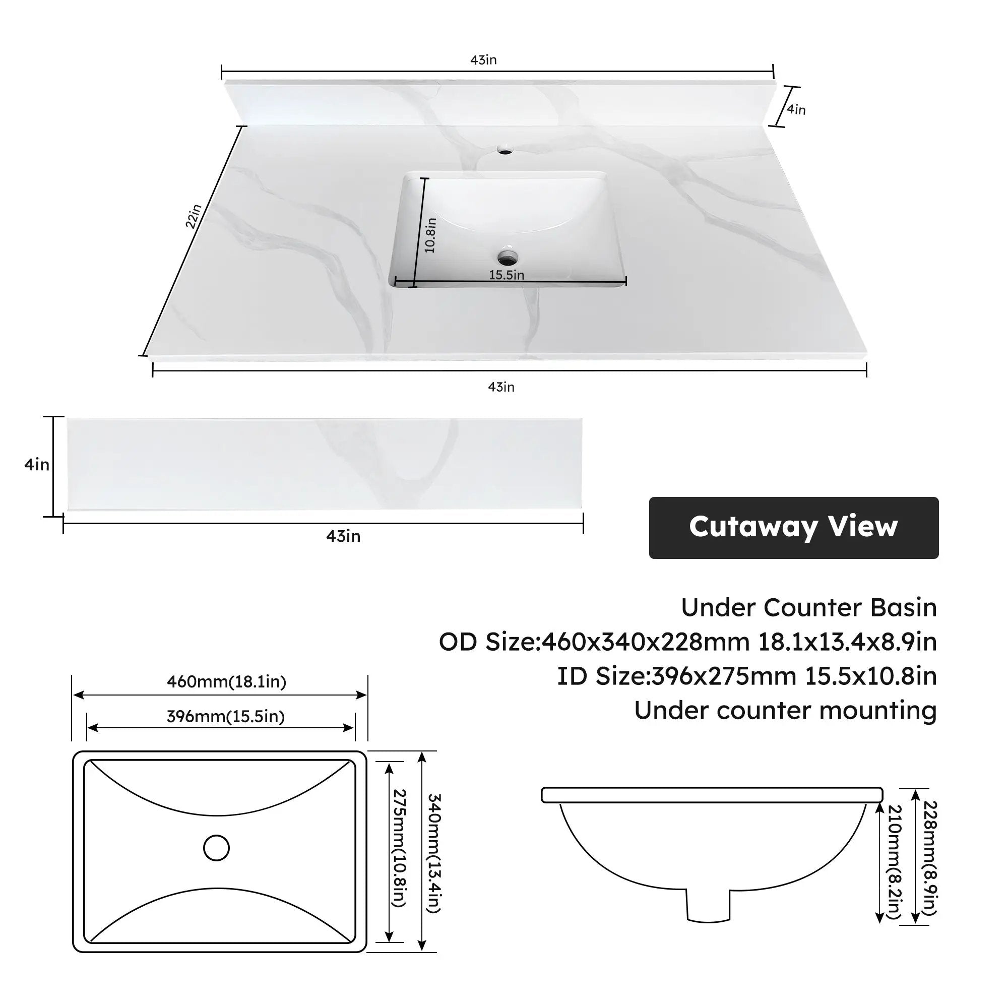 43-inch Quartz Bathroom Vanity Top with Undermount Single Bowl Sink by HouseOfZazla