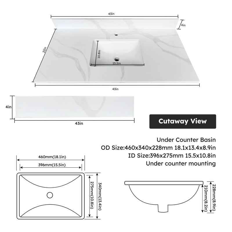 43-inch Quartz Bathroom Vanity Top with Undermount Single Bowl Sink by HouseOfZazla