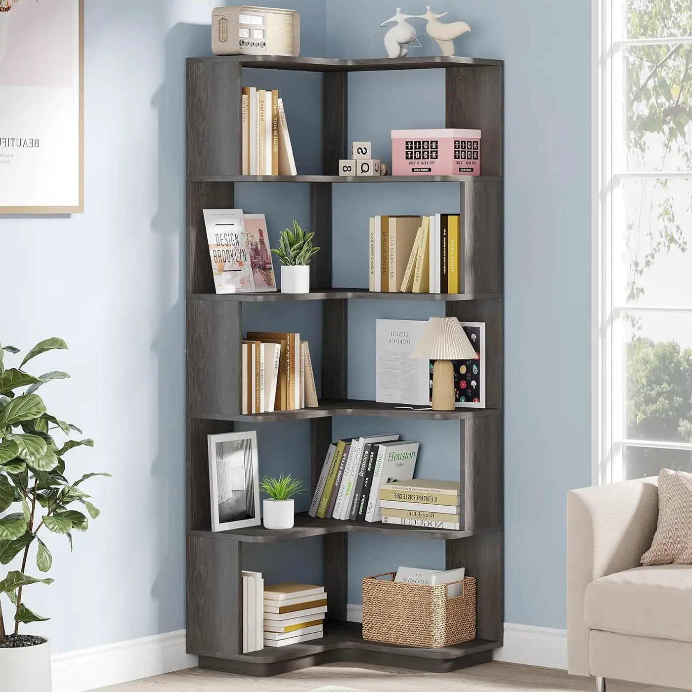 6 Tier Corner Bookshelf, L-Shaped Freestanding Shelf With Anti Drop Panels by HouseOfZazla