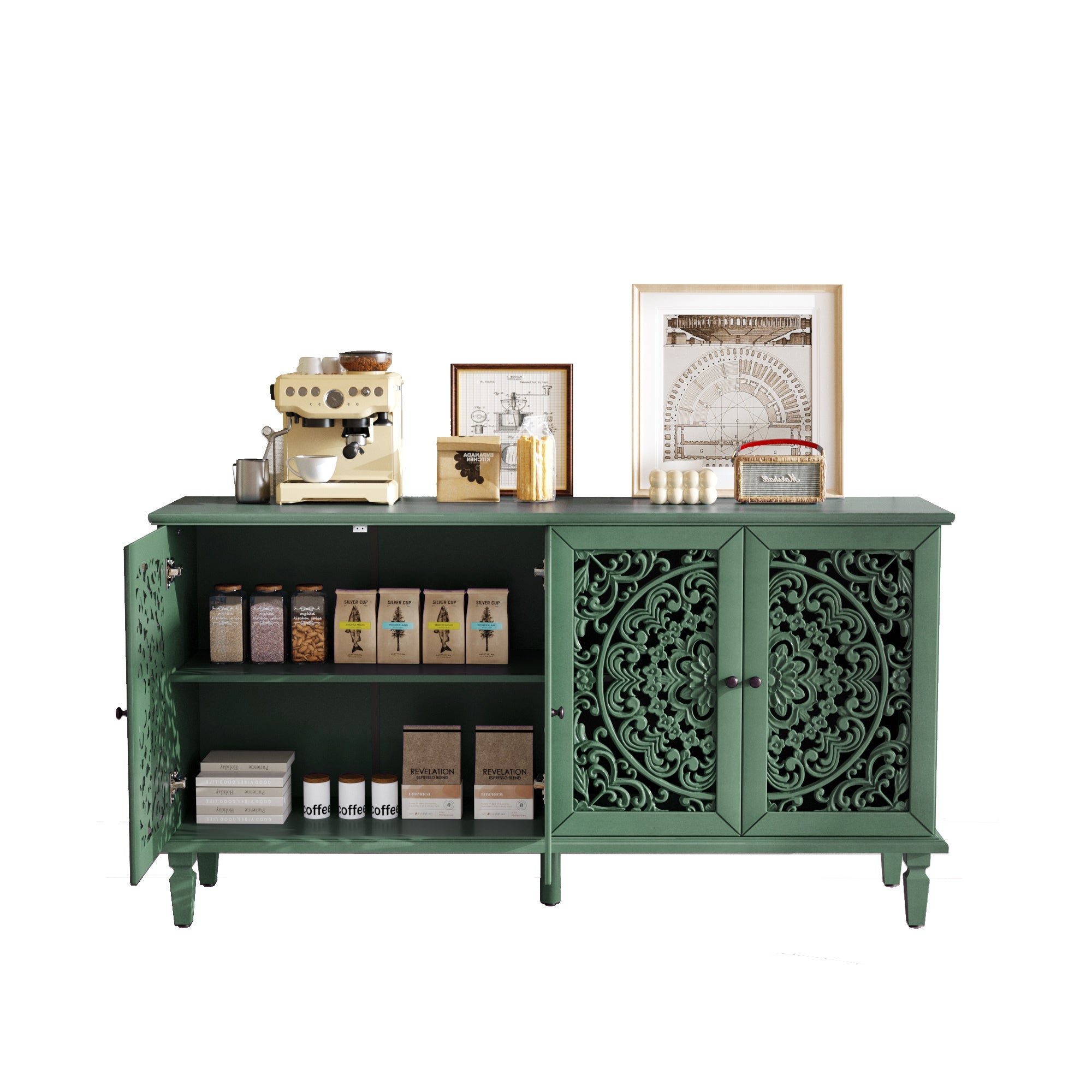 60' Antique Buffet Cabinet with Floral Carvings by HouseOfZazla