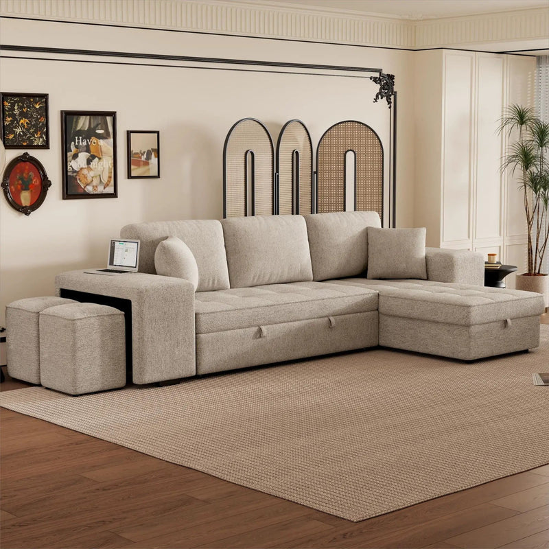 Modern L-Shape 3 Seat Reversible Sectional Couch, Pull Out Sleeper Sofa With Storage Chaise And 2 Stools For Living Room Furniture Set by HouseOfZazla