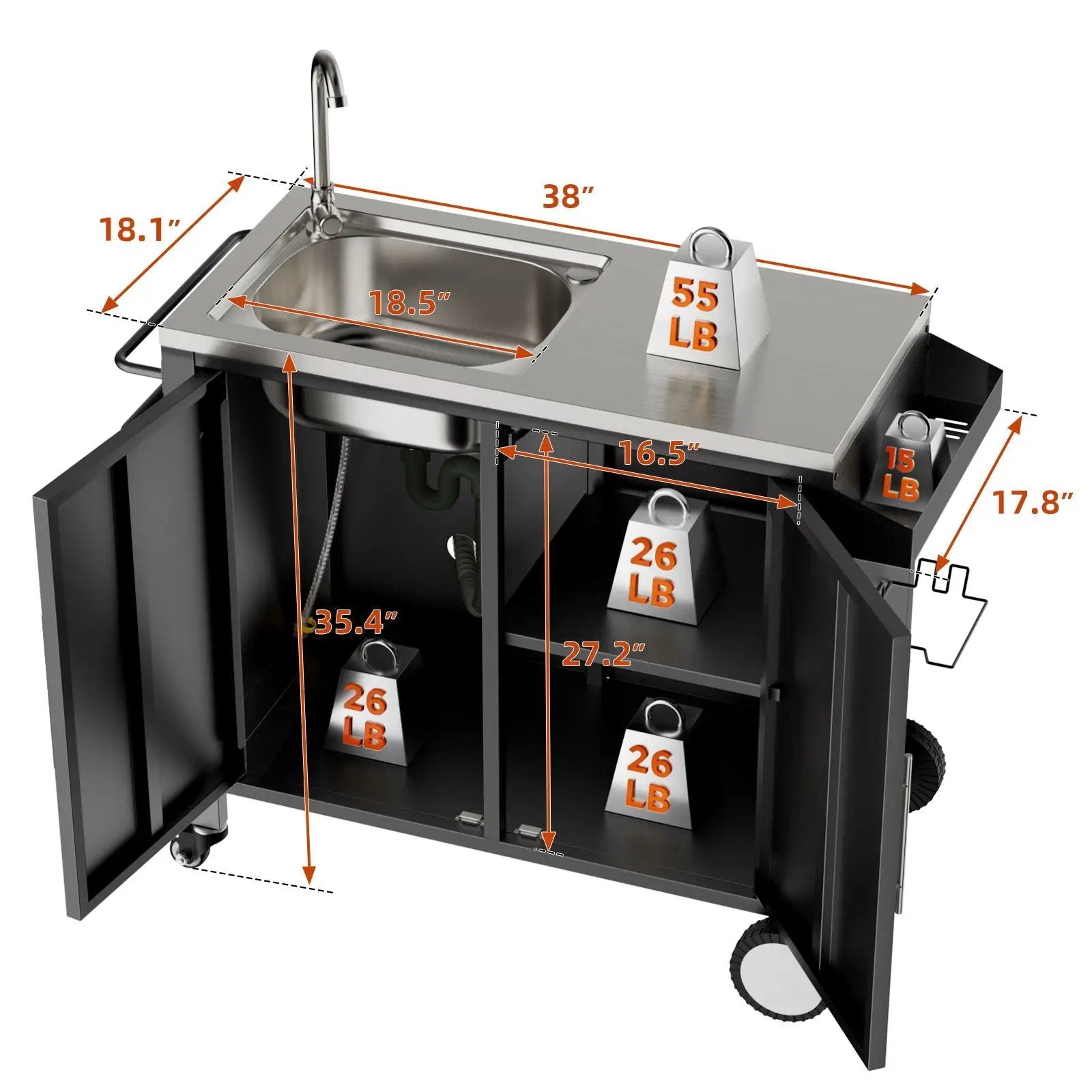 Outdoor Grill Table With Sink, Grill Cart With Sink And Cabinet With Wheels - Black / Silver by HouseOfZazla