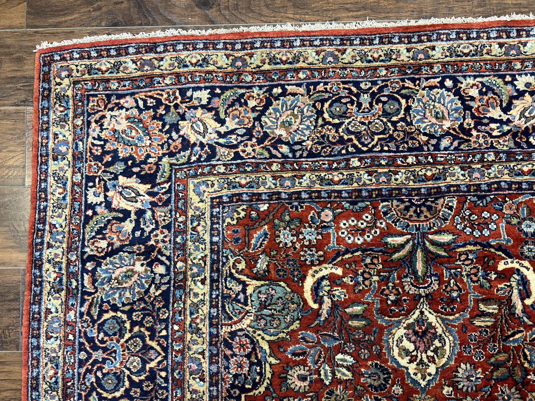 Persian Sarouk Rug 9x12, Red and Dark Blue Floral Allover Antique Persian Carpet, Handmade Wool Qazvin Rug by Jewel Rugs