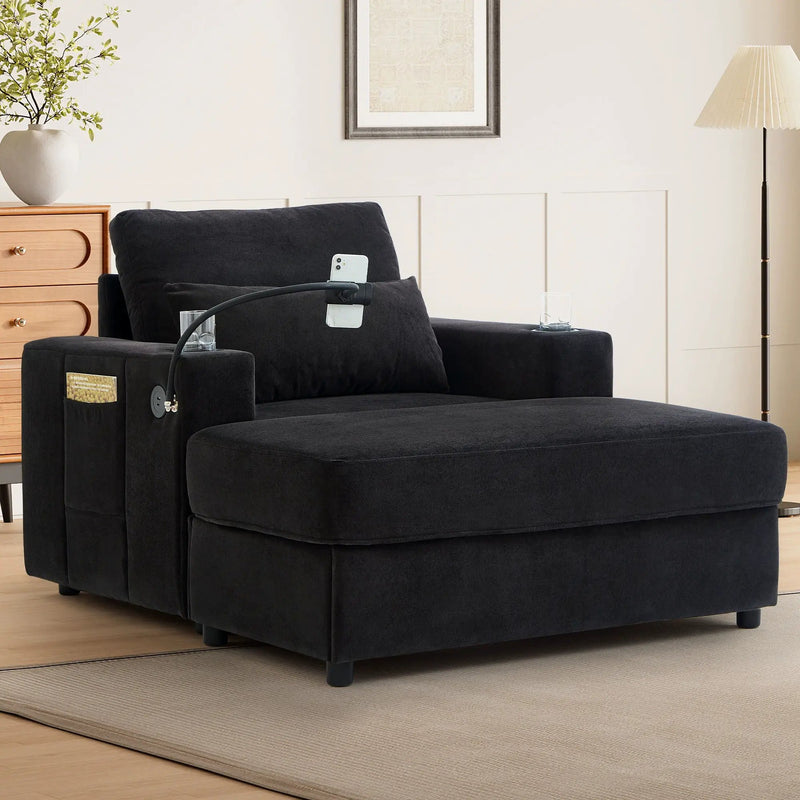 Modern Style Armchair Chaise Lounge Sofa Couch With Movable Storage Ottoman, USB Ports, Cup Holders, Phone Holder, Side Pockets by HouseOfZazla