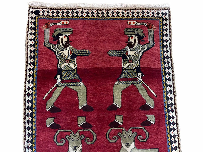 3 X 6 Handmade Wool Rug Tribal Balouch Warriors Deer Animal Pictorial Red Swords by Jewel Rugs