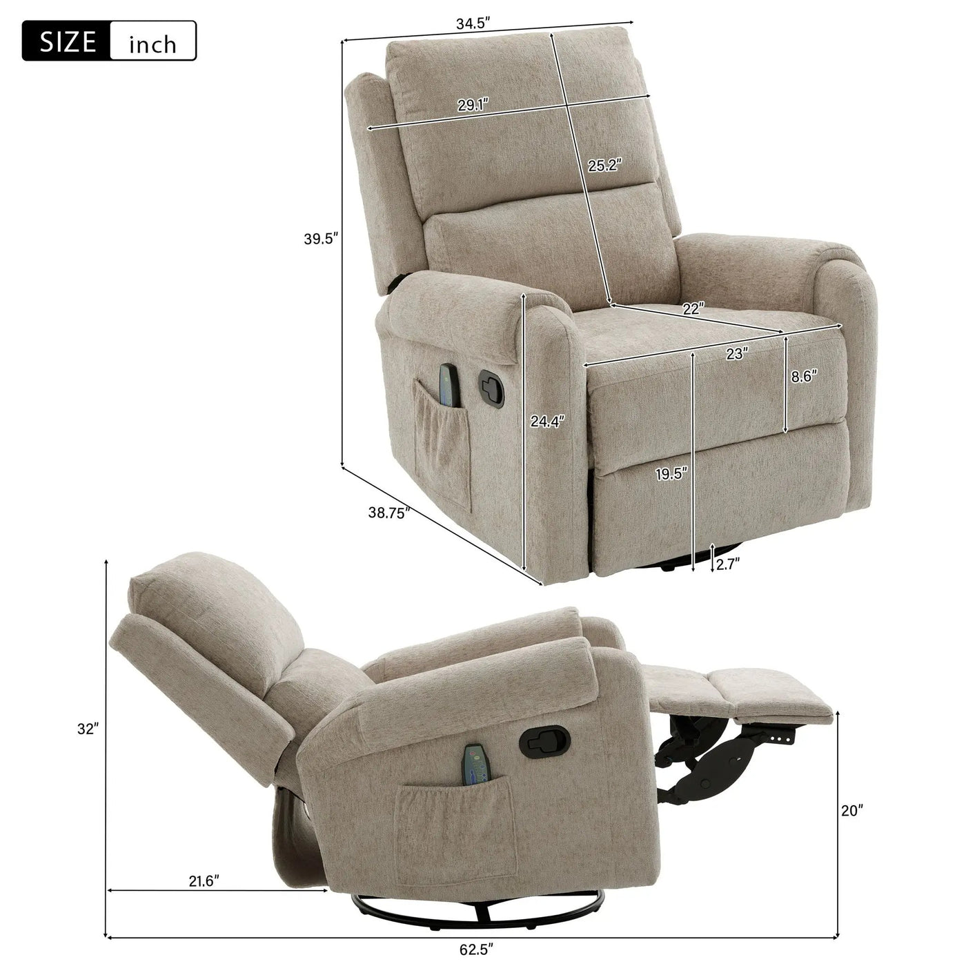 Manual Recliner Massage Chair With Swivel Rocker, 8 Massage Modes, Side Storage Pocket by Unique Piece Furniture