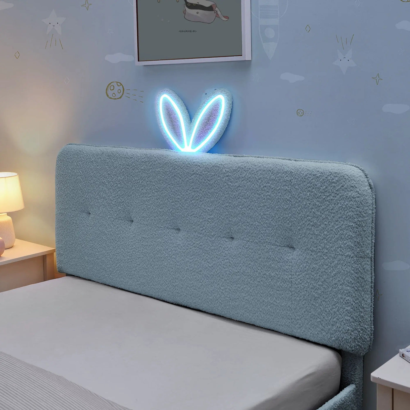 Upholstered Bed With Oversized Rabbit Ear Headboard, LED Lights & 4 Storage Drawers by Unique Piece Furniture