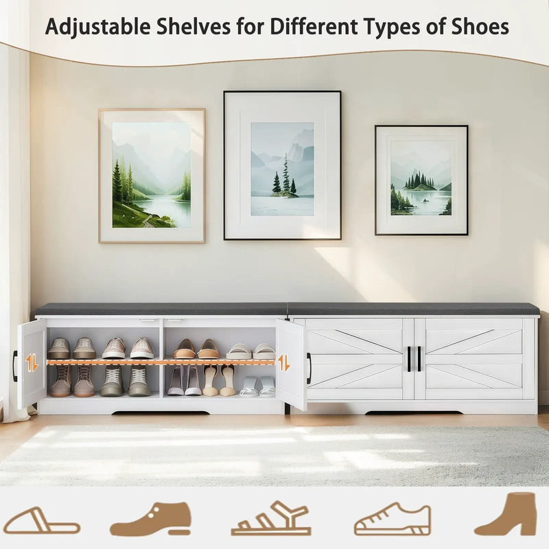 2 Tier Shoe Bench With Padded Seat, 2 Barn Doors And Adjustable Shelves, For Entryway And Living Room - White by Unique Piece Furniture