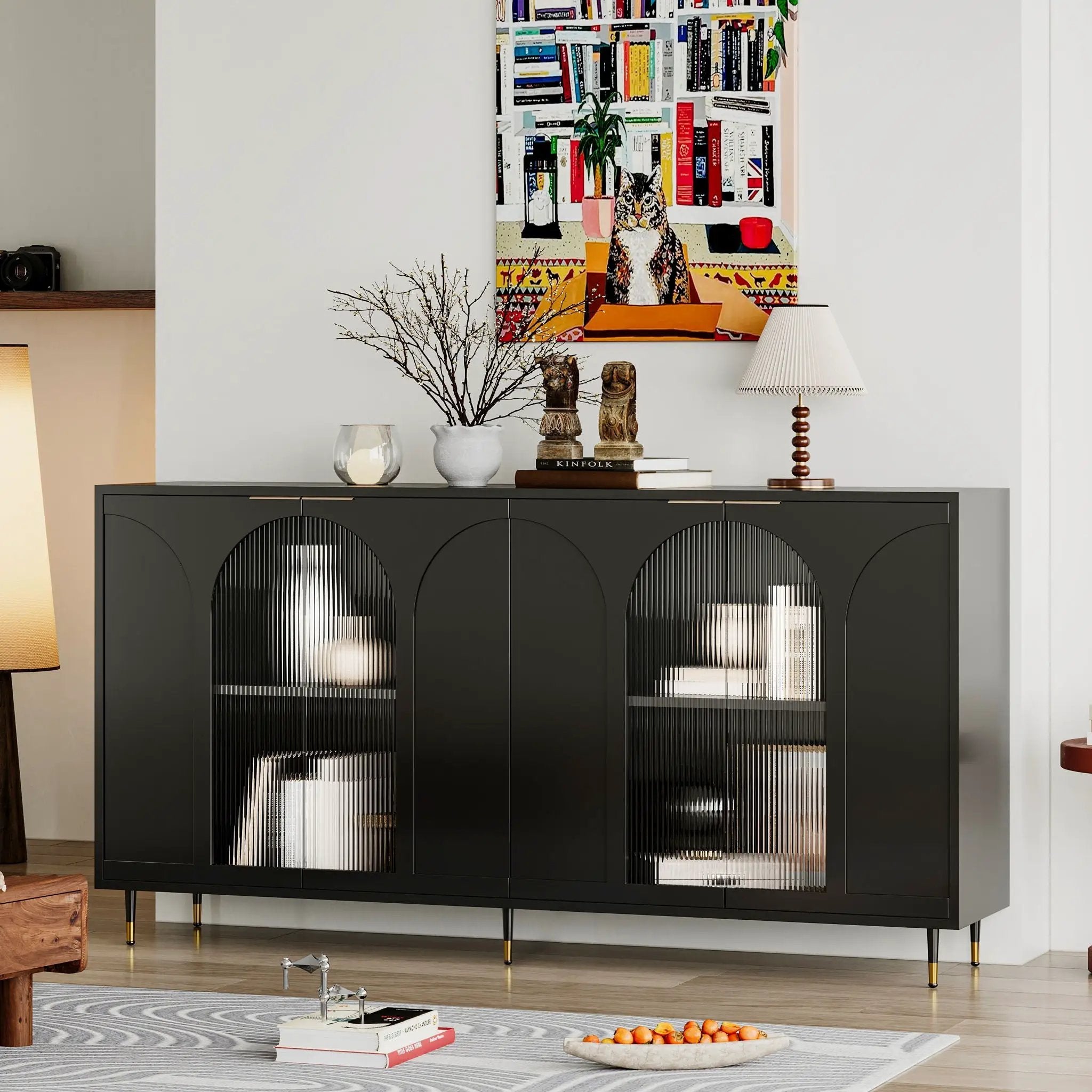 Accent Cabinet Lacquered Wooden Cabinet With 4 Glass Doors Sideboard Buffet Server Cabinet Storage Cabinet, For Living Room, Entryway, Hallway, Office, Kitchen And Dining Room by HouseOfZazla