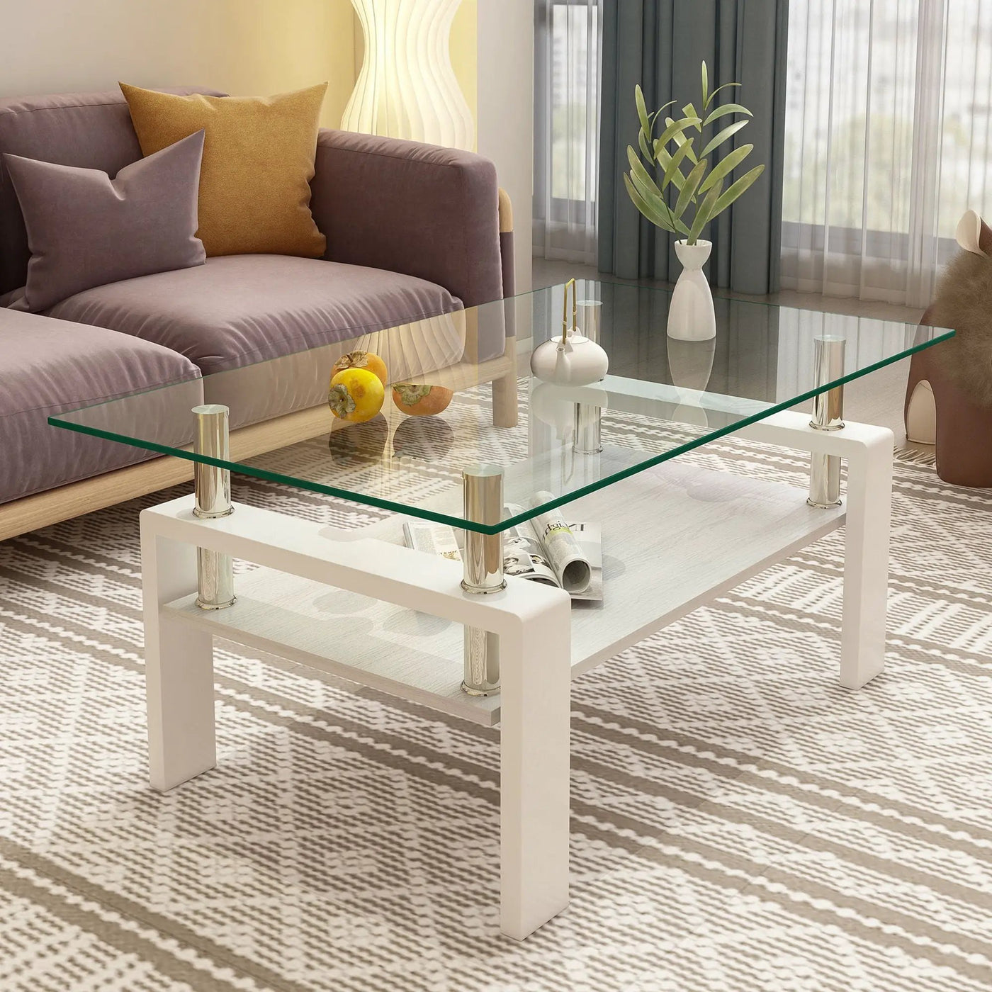 Modern Rectangular Coffee Table With Tempered Transparent Glass Top And Storage Shelf by HouseOfZazla