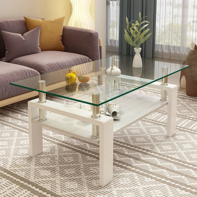 Modern Rectangular Coffee Table With Tempered Transparent Glass Top And Storage Shelf by HouseOfZazla