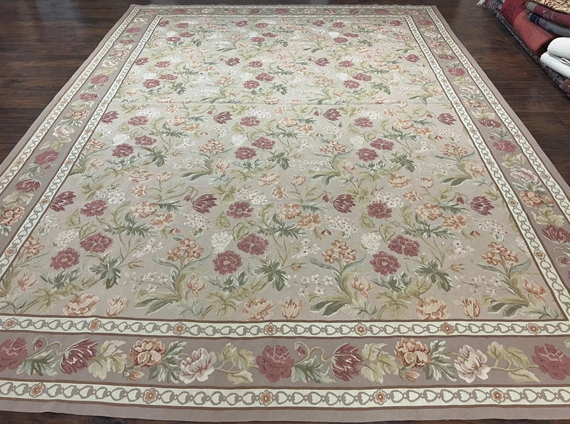 Aubusson Rug 9x12, Pink Beige Light Mauve, Handmade Allover Floral Roses, Wool Flatweave Carpet 9 x 12 ft, European French Design, Elegant by Jewel Rugs
