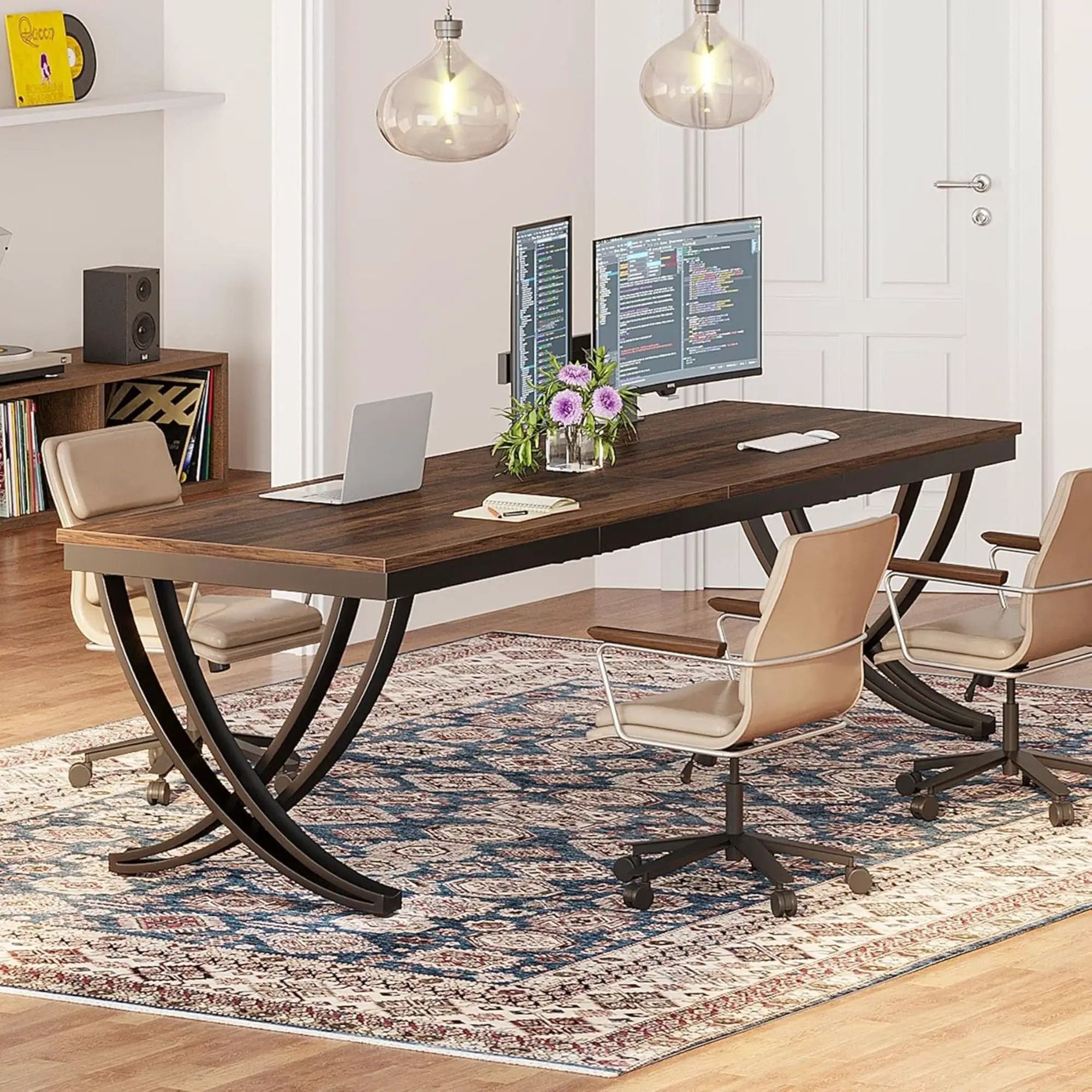 2 Person Desk With X Legs, Extra Long Office Workstation - Brown / Black by HouseOfZazla
