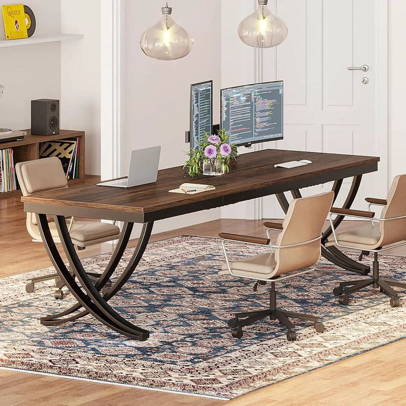 2 Person Desk With X Legs, Extra Long Office Workstation - Brown / Black by HouseOfZazla