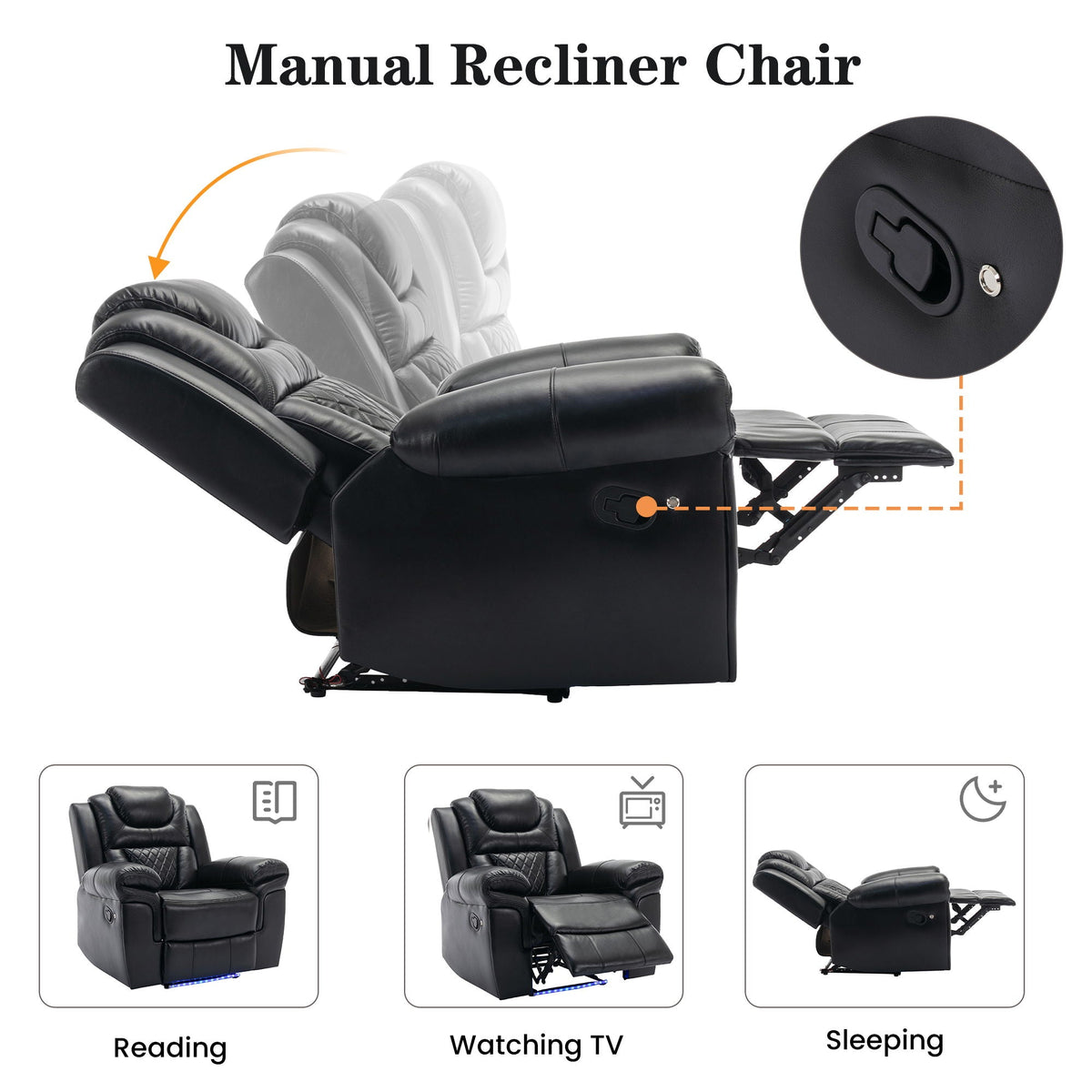 Home Theater Seating Manual Recliner Chair With Center Console And Led Light Strip For Living Room, photo 7 of 13
