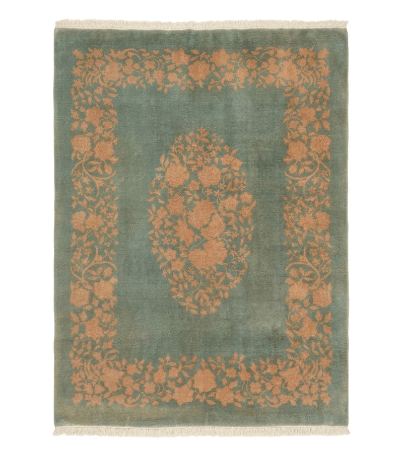Teal Chinese Wool Rug 6x8, Vintage Handmade Carpet, Floral, Semi Open Field by Jewel Rugs