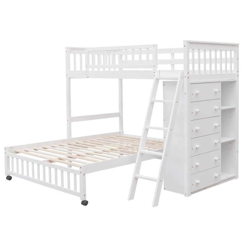 Bunk Bed With 6 Drawers And Flexible Shelves, Bottom Bed With Wheels by Unique Piece Furniture