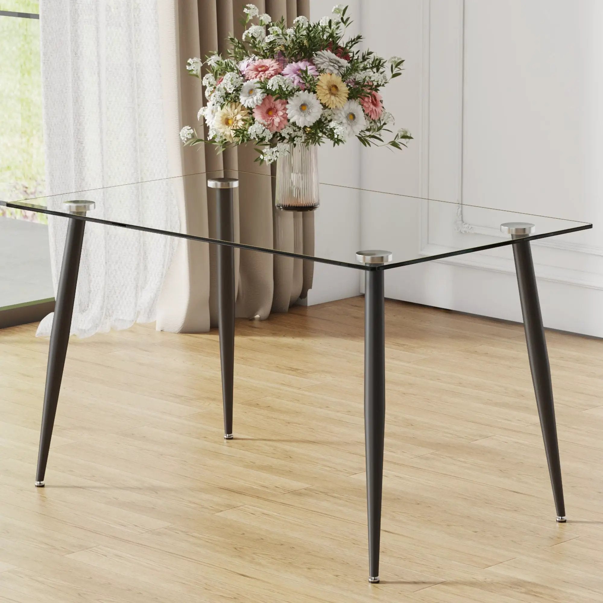 Modern Rectangular Glass Dining Table With Tempered Glass Top And Metal Legs For 4 - 6 People - Black / Transparent by HouseOfZazla