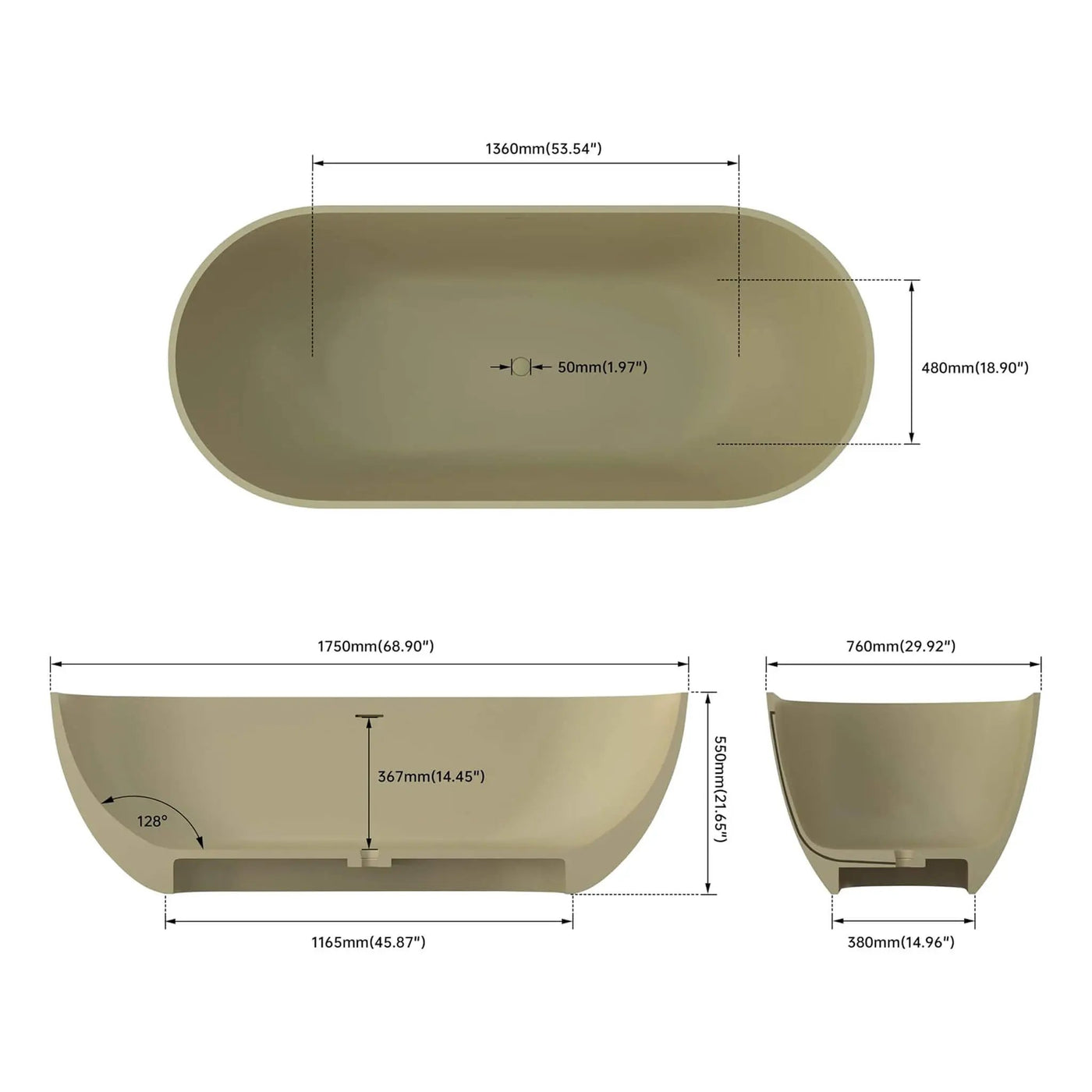 [69X30-Inch] Freestanding Oval Stone Resin Soaking Tub With Overflow Drain (SAK35786) by SAKSBY WHOLESALE