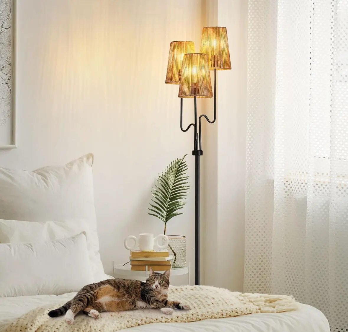 Boho Floor Lamp, 68in. Rattan Floor Lamp with Rattan Shade, 3 Light Tree Standing Lamp for Bedroom,Nursery, E26 Socket, Living Room Floor Lamp for Rus by Selzalot