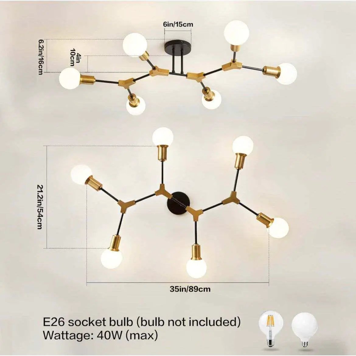 Epinl Modern Sputnik Light Fixture 6-Lights Chandelier Black and Gold Chandelier Metal Semi Flush Mount Ceiling Light for Bedroom Living Room Hallway.E26 Socket by Selzalot
