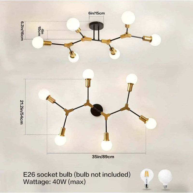 Epinl Modern Sputnik Light Fixture 6-Lights Chandelier Black and Gold Chandelier Metal Semi Flush Mount Ceiling Light for Bedroom Living Room Hallway.E26 Socket by Selzalot