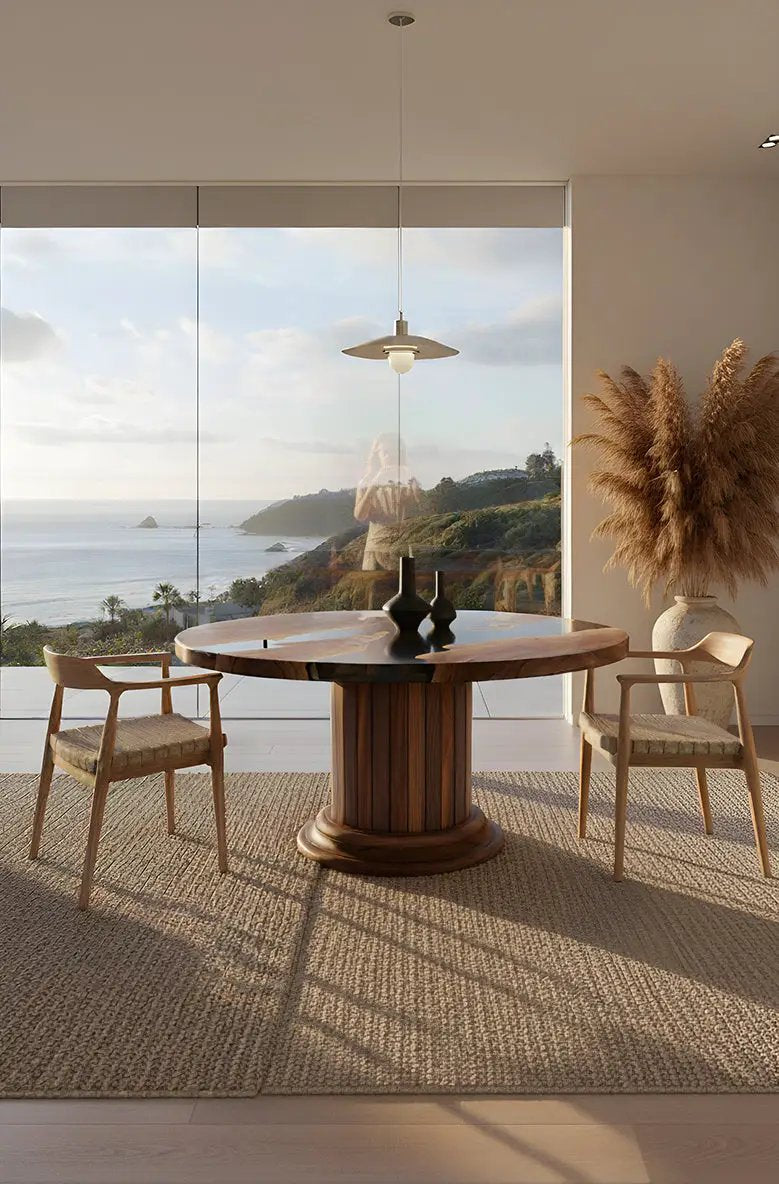 Round Dining Table with Solid Wood Drum Pedestal Base, photo 2 of 5