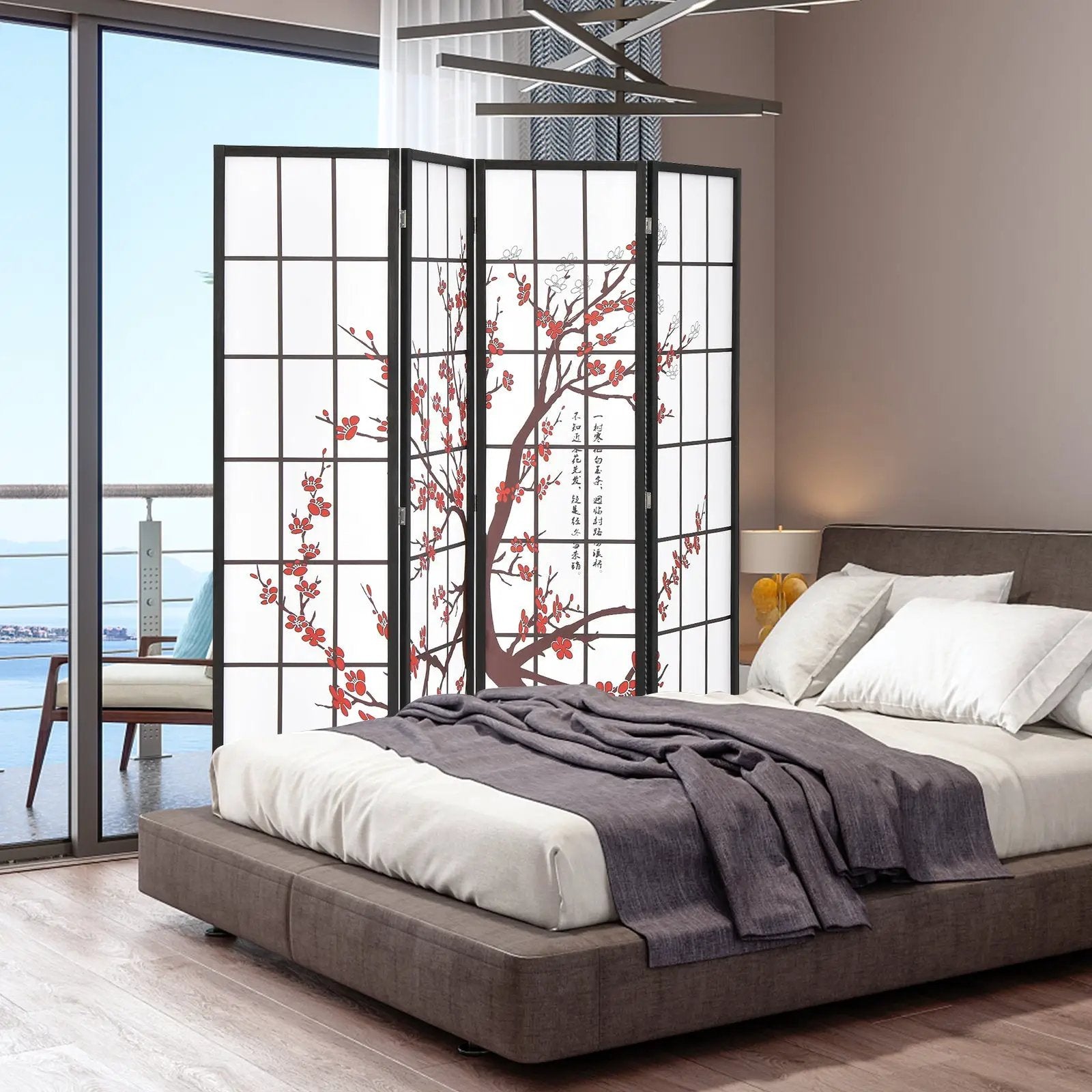 6 Feet Folding Decorative Oriental Privacy Screen with Plum Blossom Design-White by DirectDeals