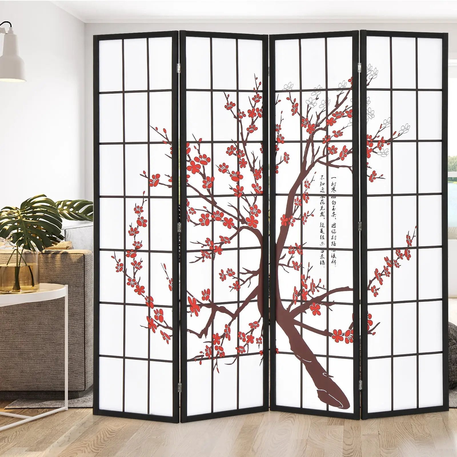 6 Feet Folding Decorative Oriental Privacy Screen with Plum Blossom Design-White by DirectDeals