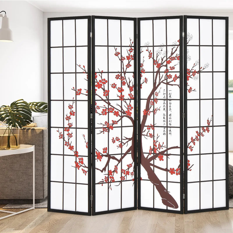 6 Feet Folding Decorative Oriental Privacy Screen with Plum Blossom Design-White by DirectDeals