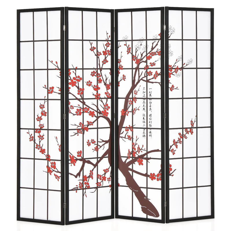 6 Feet Folding Decorative Oriental Privacy Screen with Plum Blossom Design-White by DirectDeals