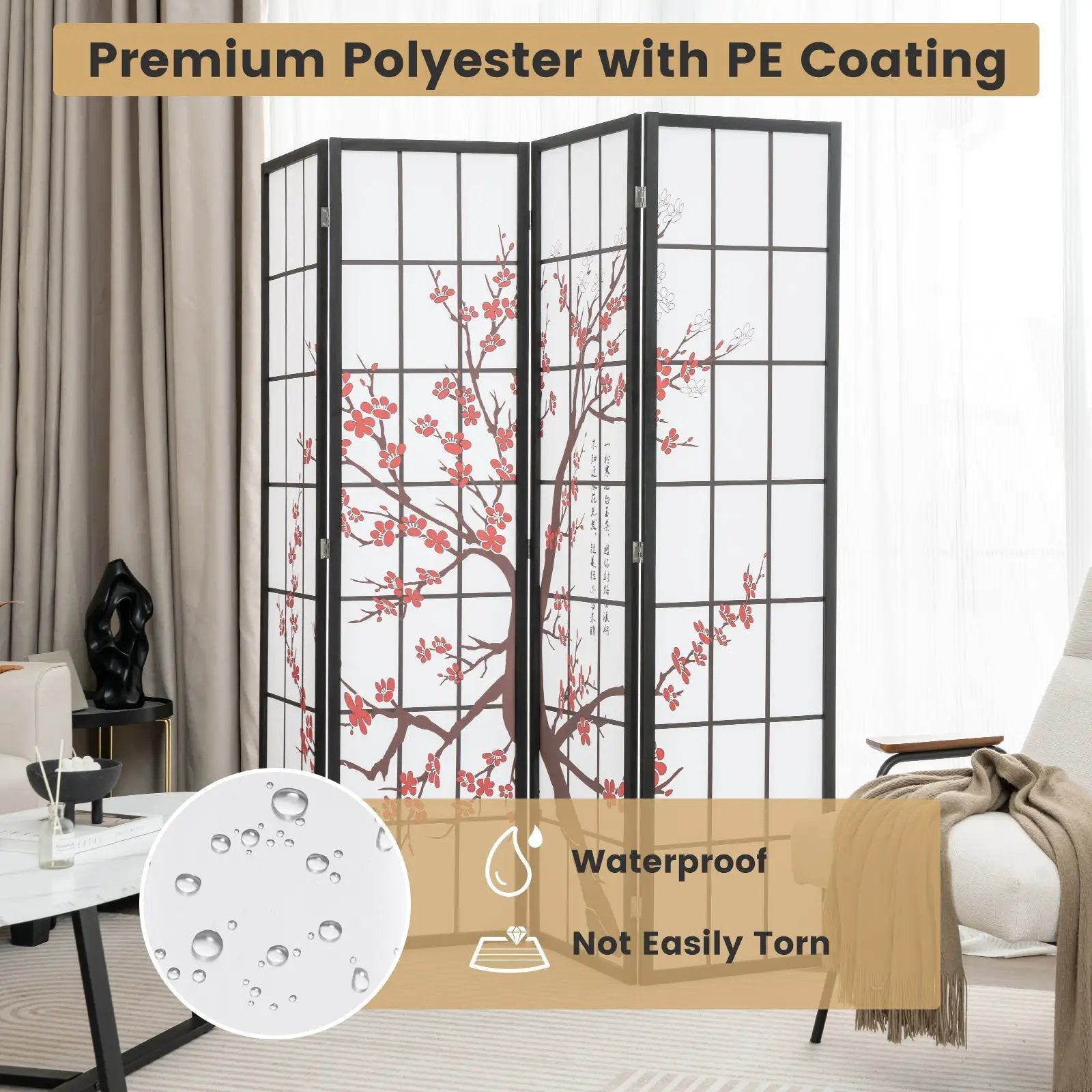 6 Feet Folding Decorative Oriental Privacy Screen with Plum Blossom Design-White by DirectDeals