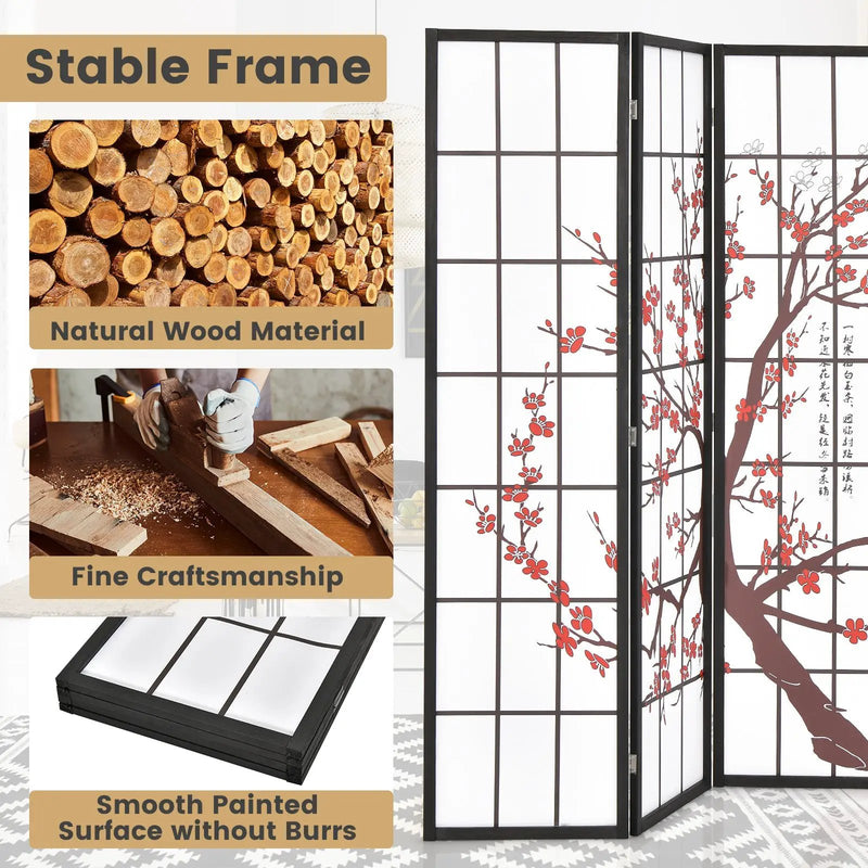 6 Feet Folding Decorative Oriental Privacy Screen with Plum Blossom Design-White by DirectDeals