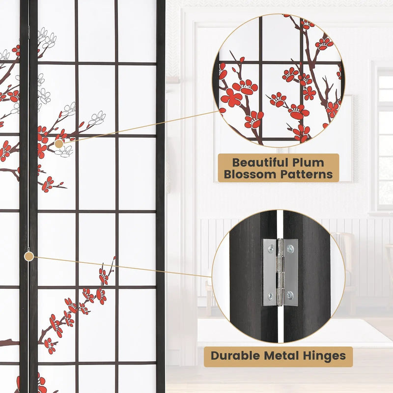 6 Feet Folding Decorative Oriental Privacy Screen with Plum Blossom Design-White by DirectDeals