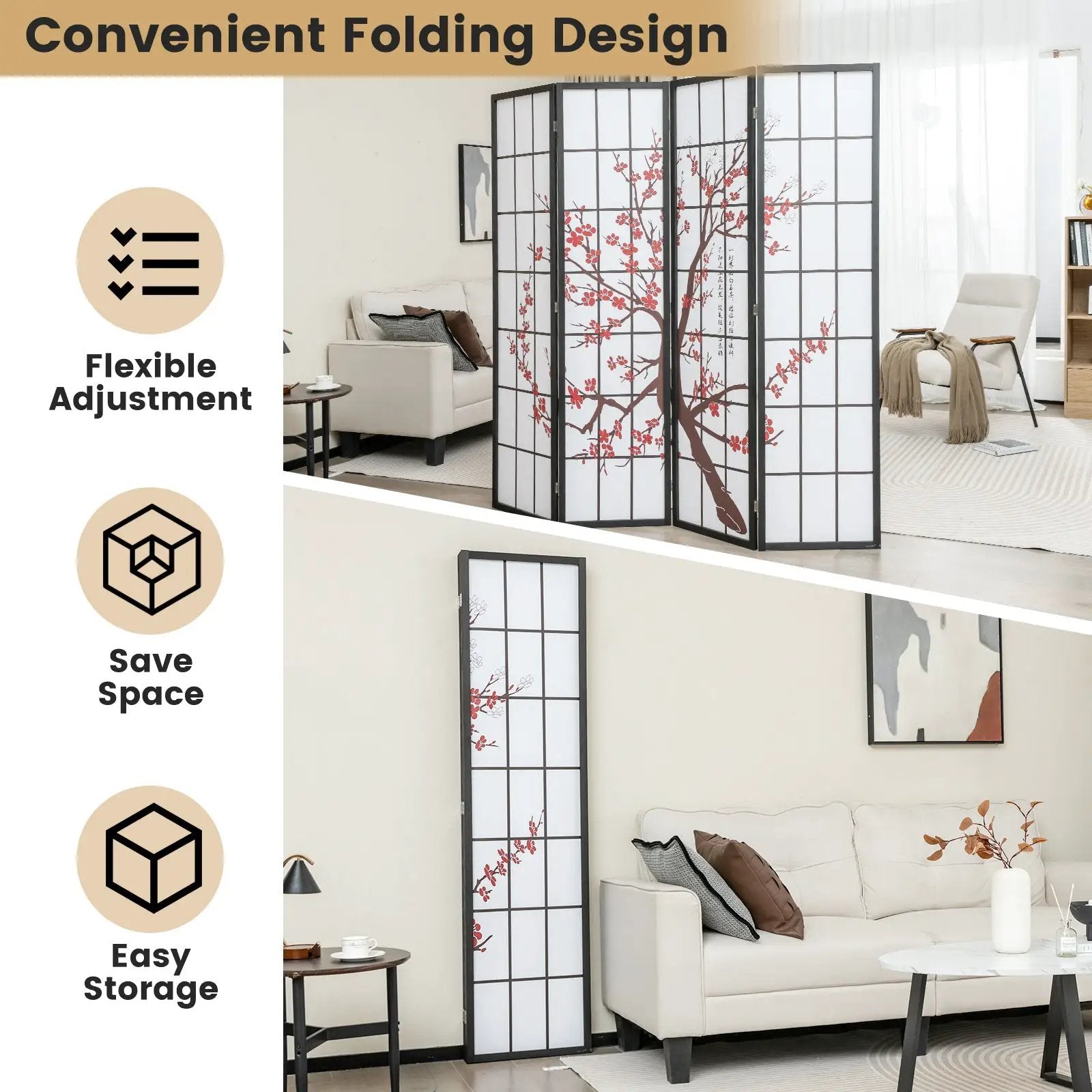 6 Feet Folding Decorative Oriental Privacy Screen with Plum Blossom Design-White by DirectDeals