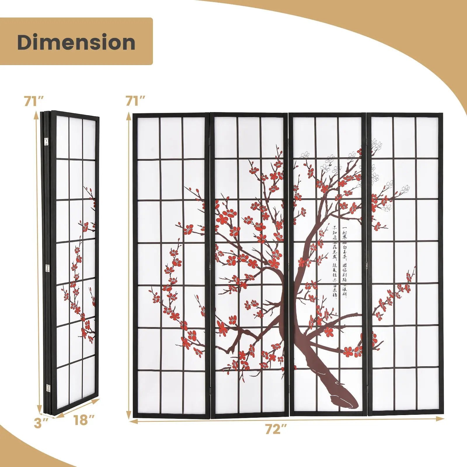 6 Feet Folding Decorative Oriental Privacy Screen with Plum Blossom Design-White by DirectDeals