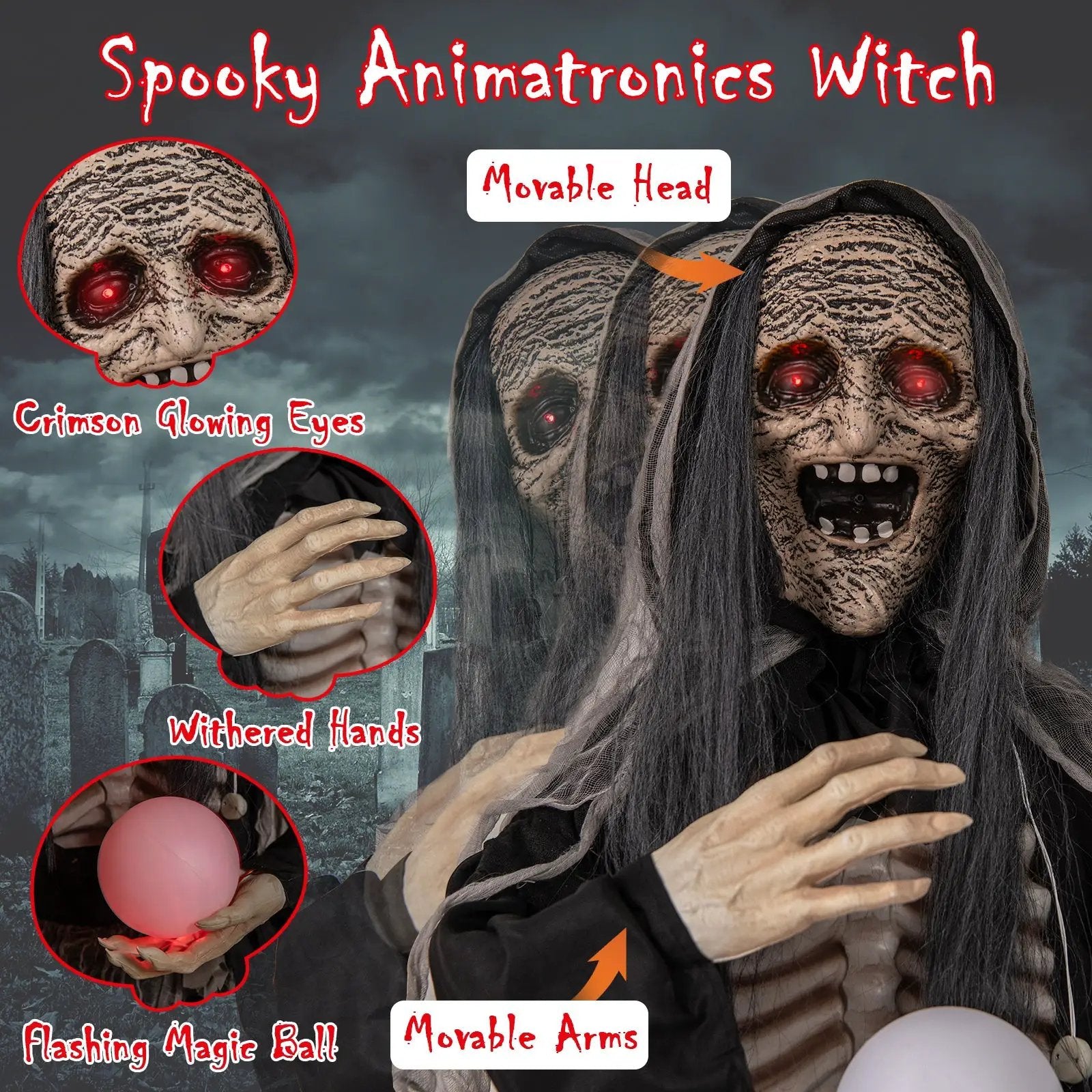 6ft Halloween Animatronics Standing Witch with Light Up Eyes and Magical Ball by DirectDeals