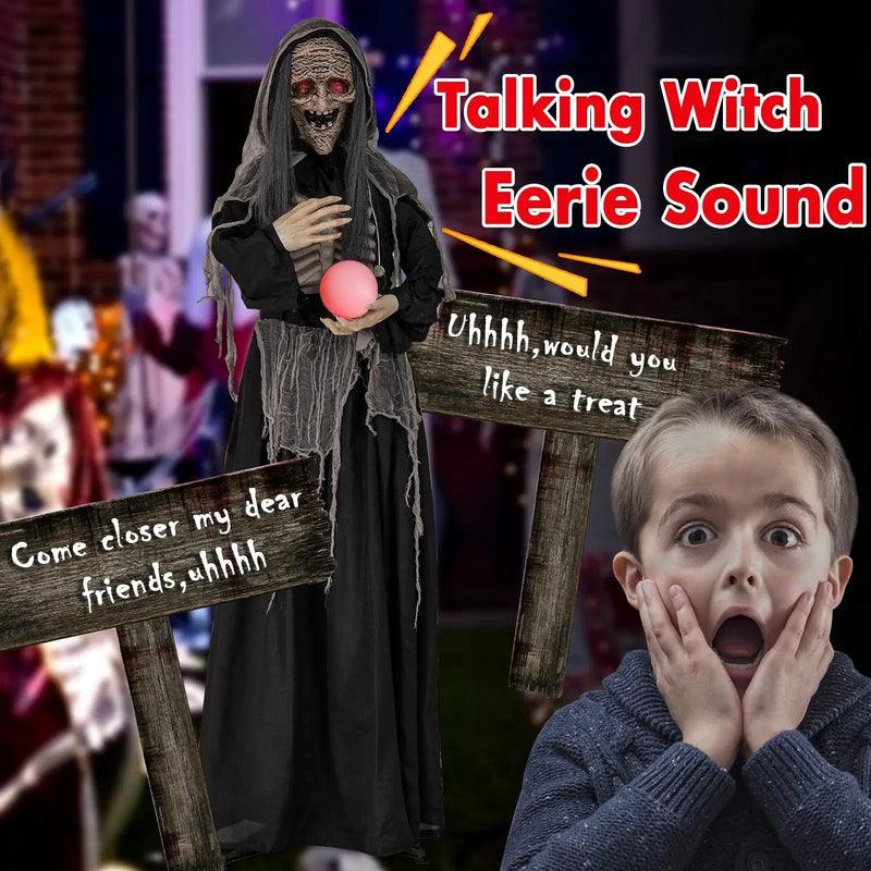 6ft Halloween Animatronics Standing Witch with Light Up Eyes and Magical Ball by DirectDeals