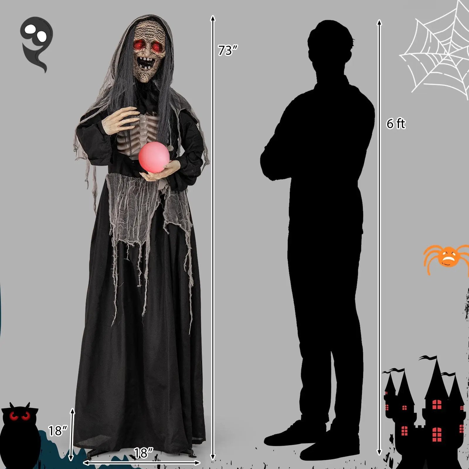 6ft Halloween Animatronics Standing Witch with Light Up Eyes and Magical Ball by DirectDeals