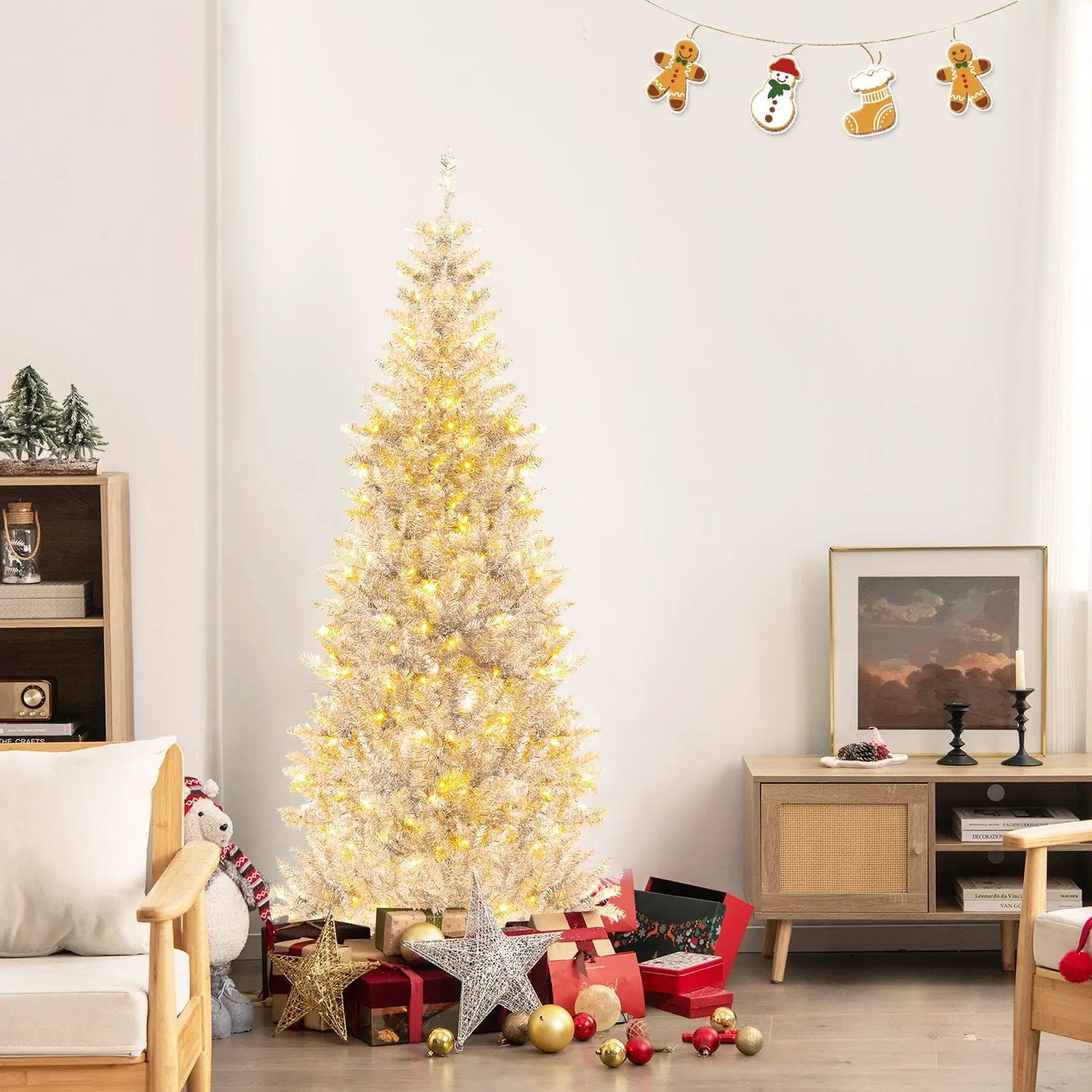 6/7 FT Pre-Lit Artificial Silver Tinsel Xmas Tree with 790 Branch Tips and 300 LED Lights by DirectDeals