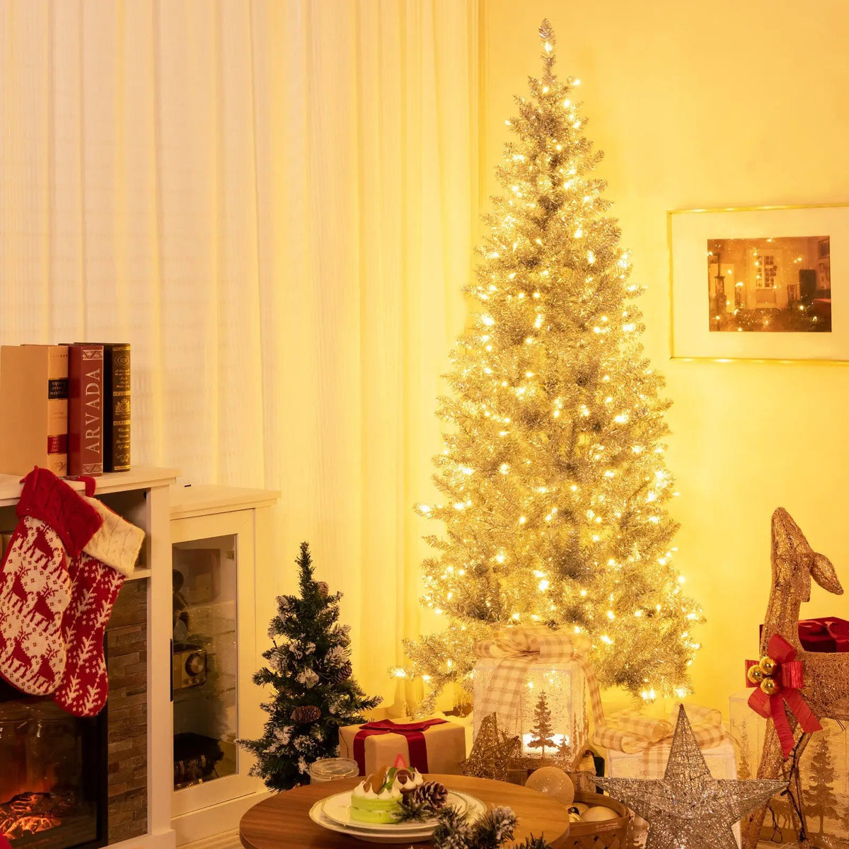 6/7 FT Pre-Lit Artificial Silver Tinsel Xmas Tree with 790 Branch Tips and 300 LED Lights, photo 15 of 16