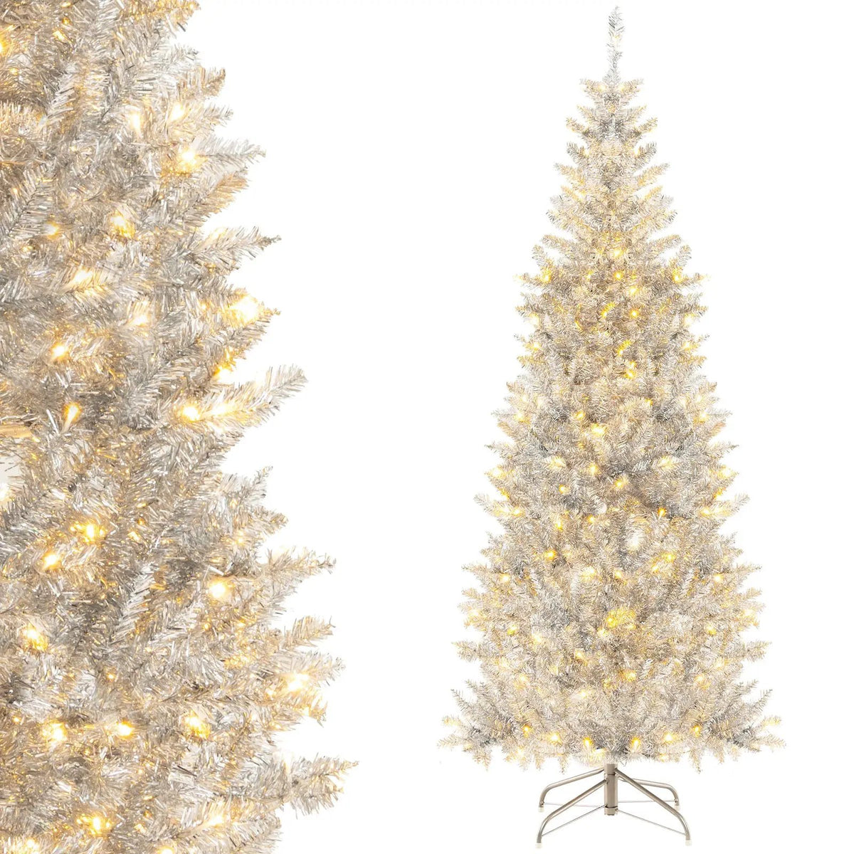 6/7 FT Pre-Lit Artificial Silver Tinsel Xmas Tree with 790 Branch Tips and 300 LED Lights, photo 11 of 16