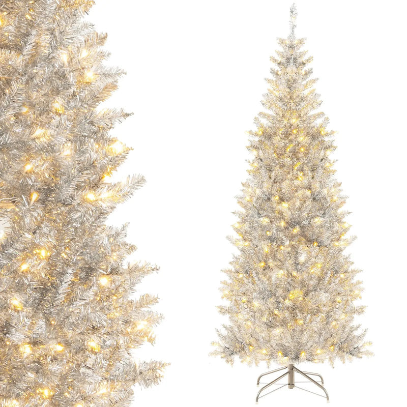 6/7 FT Pre-Lit Artificial Silver Tinsel Xmas Tree with 790 Branch Tips and 300 LED Lights by DirectDeals