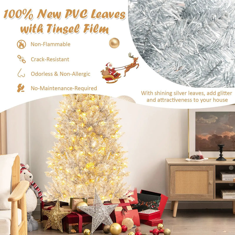 6/7 FT Pre-Lit Artificial Silver Tinsel Xmas Tree with 790 Branch Tips and 300 LED Lights by DirectDeals