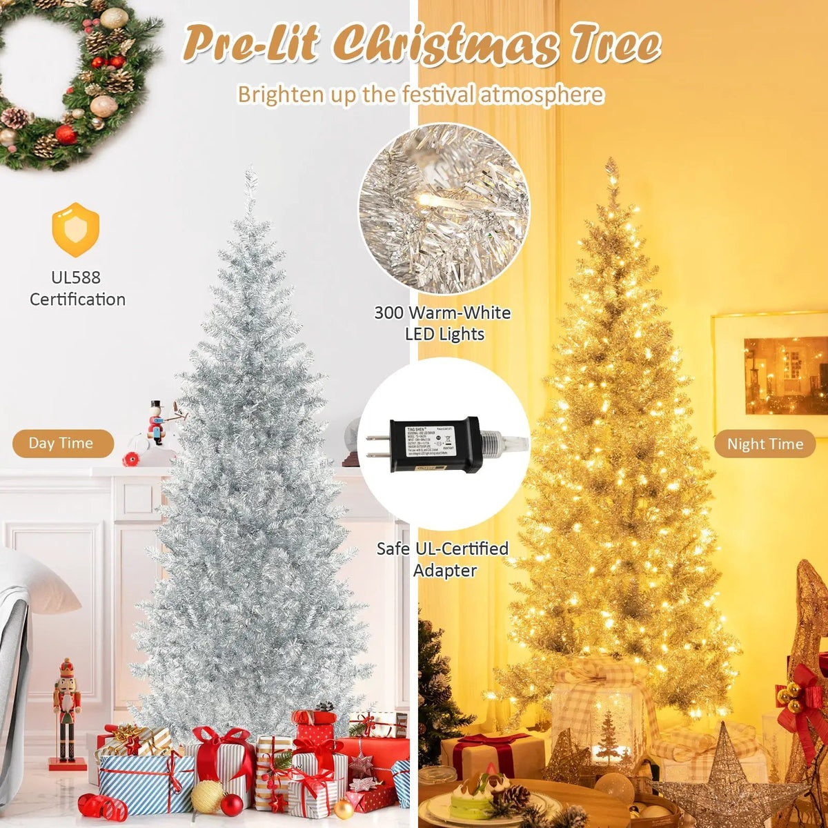 6/7 FT Pre-Lit Artificial Silver Tinsel Xmas Tree with 790 Branch Tips and 300 LED Lights, photo 16 of 16