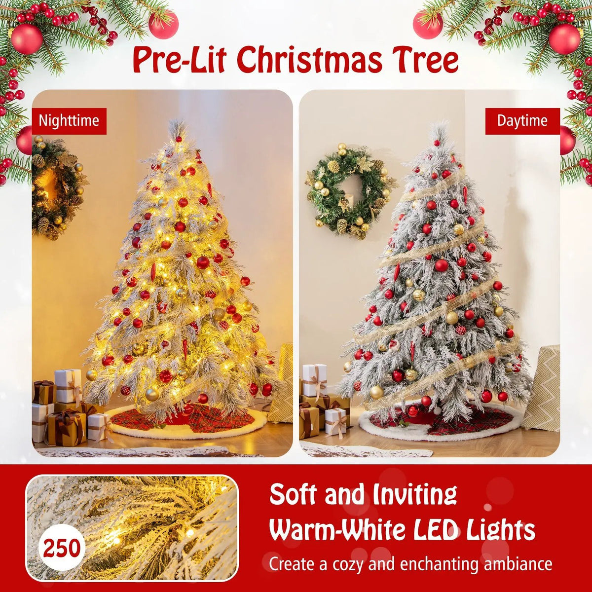 4.5/6/7 Feet Pre-Lit Snow Flocked Christmas Tree with Warm White LED Lights, photo 21 of 24