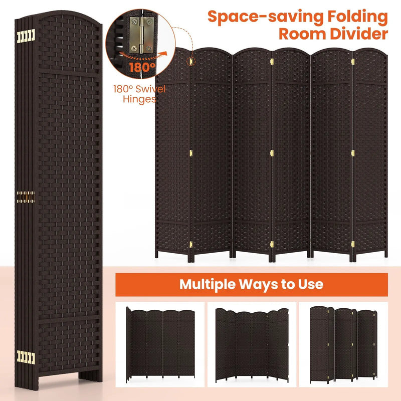 6-Panel Room Divider 5.6 FT Tall Folding Privacy Screen with Hand-woven Texture by DirectDeals